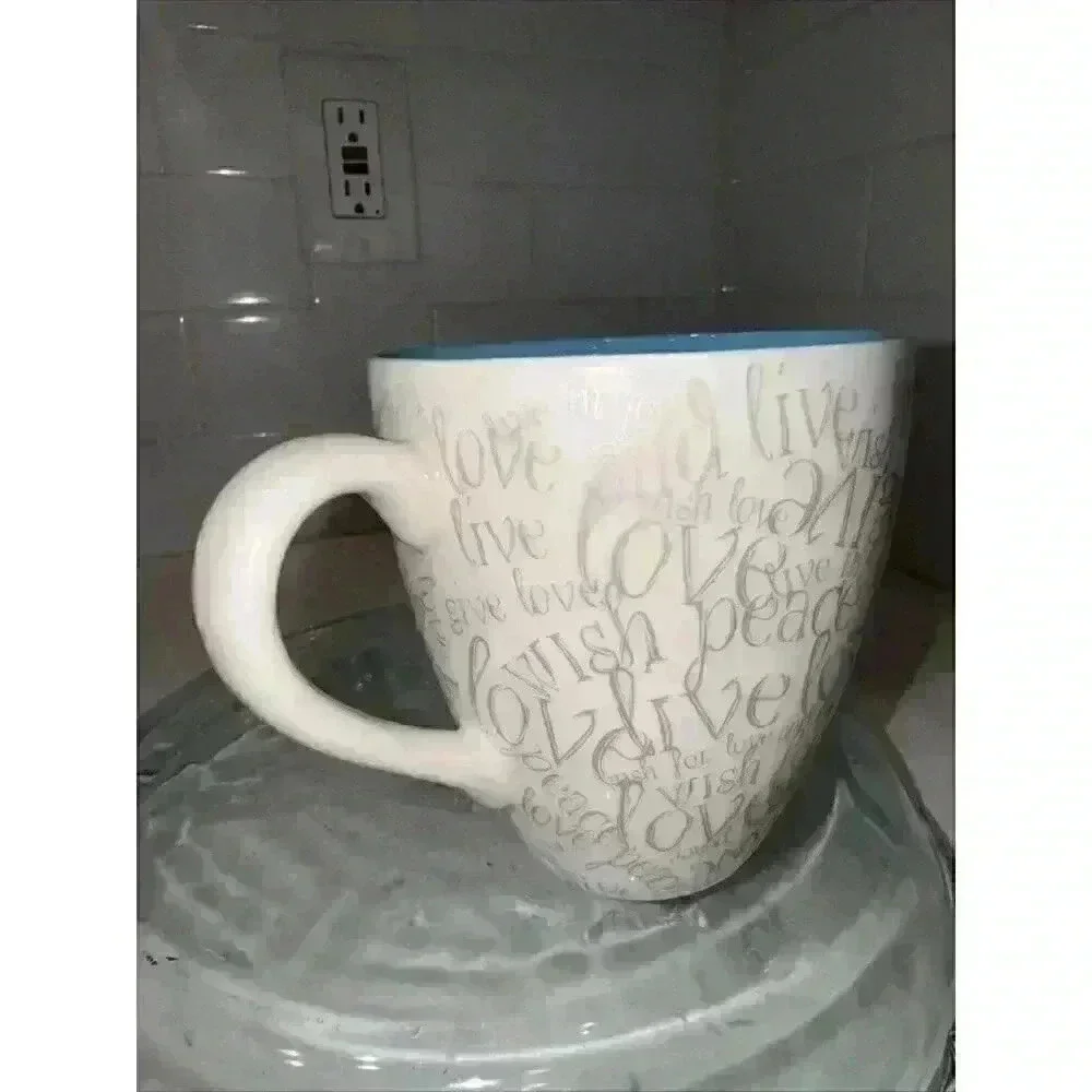 Starbucks Mug Wish Live Love Peace 2005 White Gray Grey Writing Blue Inside